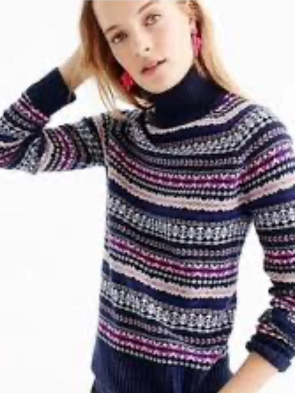 J. Crew Navy Fair Isle Turtleneck with Pink and Cream Stripes. 100% Wool. XL